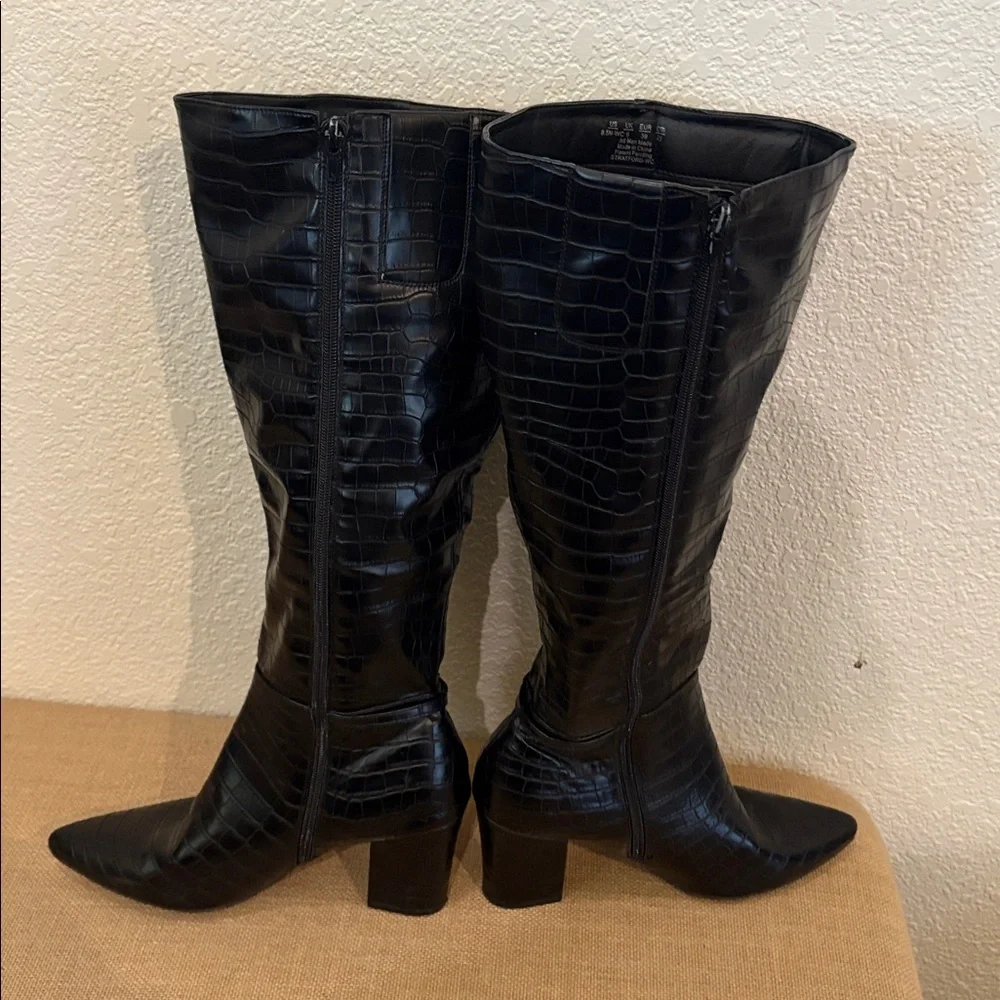 Black Croc-Embossed Knee-High Boots - Picture 3 of 4